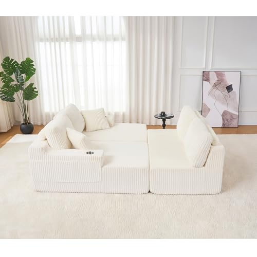 Image of 130 inch Modular Sectional Sleeper Sofa, Modern Cloud Sectional Sofa Couch with Cupholders and Storage, U Shape Boneless Couches for Living Room, Free Combination, No Assembly Required,Beige