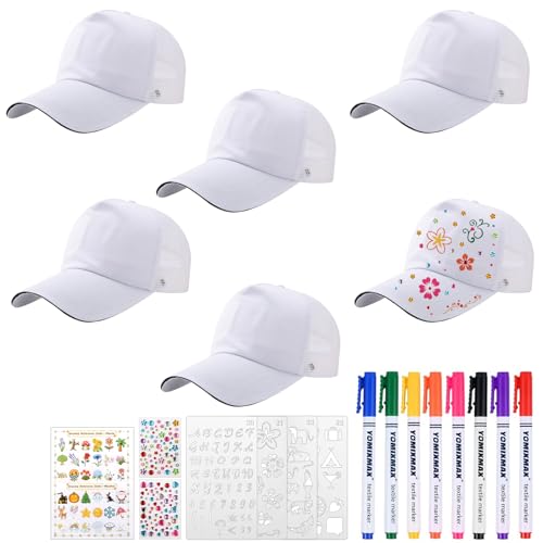guobinZH 6 Piezas Gorras de Béisbol Niños con Malla DIY Blanco Gorras Infantiles para Pintar Gorra de Béisbol Infantil con 8 Lápices de Acuarela Pegatinas Caja de Regalo para Deportes al Aire Libre