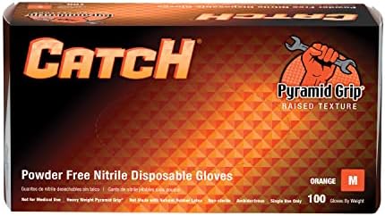 Adenna CAT455 Catch 9 mil Powder-Free Nitrile Gloves, Raised Grip, Orange, Medium, Box of 100