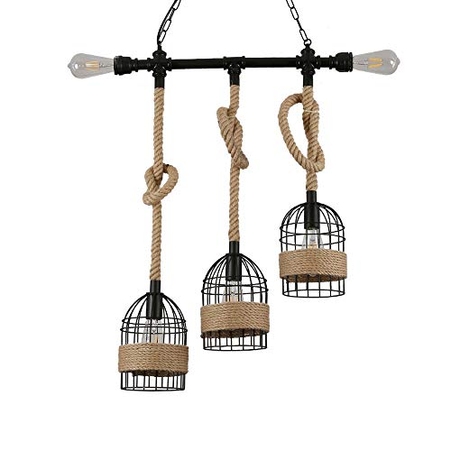 Abat-jour en cage métal noir suspension vintage avec corde de chanvre style luminaire