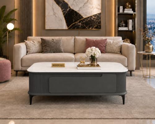 Image of WOODEN SPACE Premium Solo Marble-Top Wooden Center Table for Living Room | Iron Legs | PVD Coating | Modern Entryway Furniture | Coffee Table (Dark Grey, 42x42x18 Inch)
