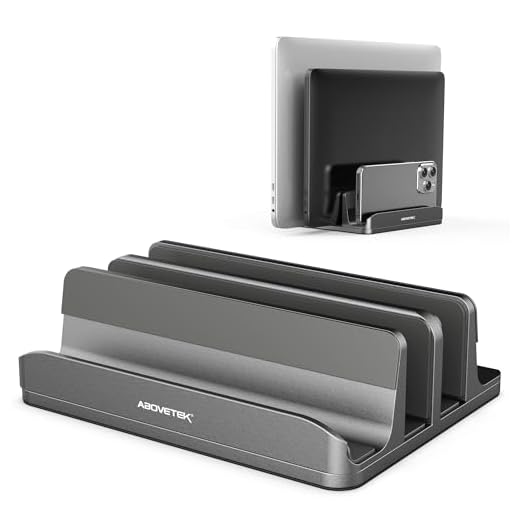Vertical Laptop Stand - AboveTEK - 3 Slots for Computer, Tablet, Phone - Fits All Laptop Models (up to 17.3") - Heavy Duty Polished Aluminum Desktop Holder - Anti Slide Silicone Grips - Grey