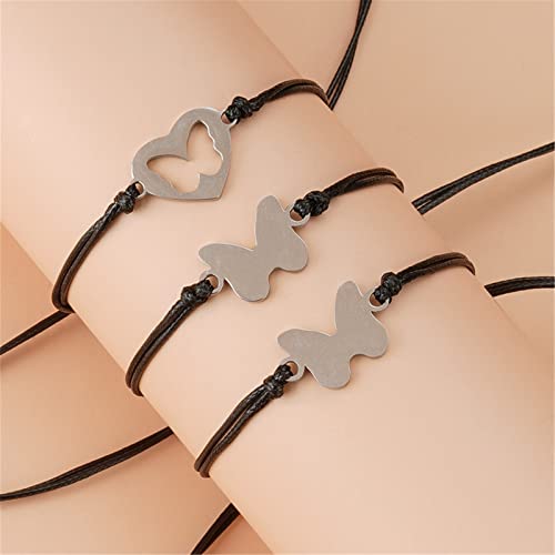 Image of Caiyao 3Pcs Stainless Steel Butterfly Bracelet Set Handmade Adjustable Braide Rope Love Heart Hollow Out Animal Insect Bracelet for Mom Daughter Mother Birthday Christmas Jewelry Gift-C 3cards