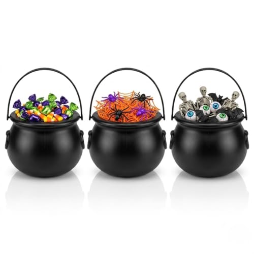 PMU Halloween Cauldron 3 Pcs 8" Small Witch Plastic Cauldron bowl Black, For Halloween Decor