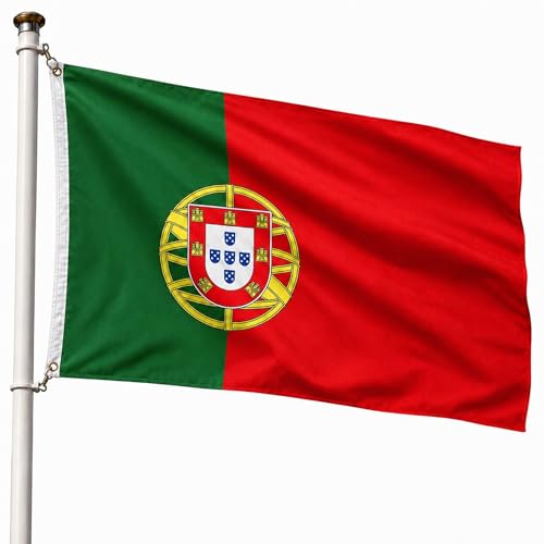 Bandera Portugal 90x150cm,  Bandera Portuguesa con 2 Ojales de Latón, Portuguese flag, Bandera Copa del Mundo, Bandera de País para exterior, Material Poliéster, Resistente al viento y lluvia