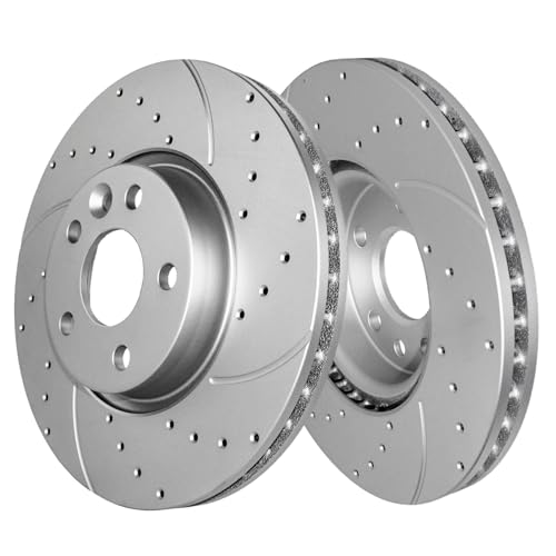 Image of Detroit Axle - 6pc Front Brake Kit for 11-18 Volvo S60 08-10 V70 08-16 XC70 07-16 S80 15-18 V60, 12-15 Land Rover Range Rover Evoque, Drilled Disc Brake Rotors Ceramic Brakes Pads : 11.81 inch inch Rotor