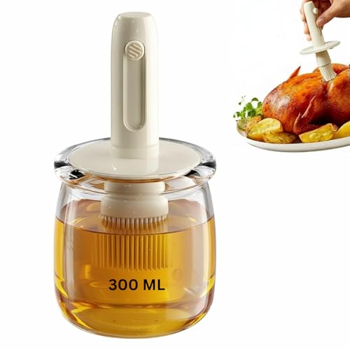Image of 300ml Glass Oil Dispenser Bottle for Kitchen with Retractable Handle, Leakproof Glass Jar, Kitchen Basting Brush for Cooking, Baking, BBQ. (White)