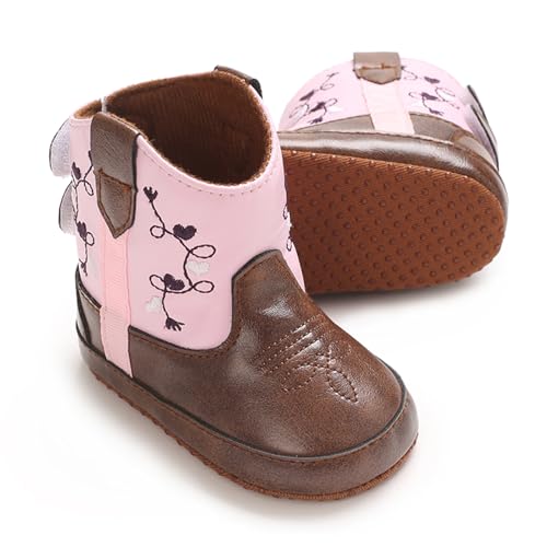 Karwuiio Toddler Baby Boys Girls Western Cowboy Boots First Walker Crib Shoes Soft Sole Non-Slip Moccasins Bootie (Pink, 6-12 Months)