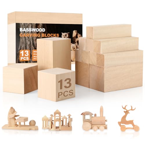 Zikenis 13 Piezas Madera para Tallar Tilo, 3 Tamaños Bloques de Tallado de Madera de Tilo, para Tallado a Mano DIY y Torneado, Listones de Maderas para Niños y Adultos