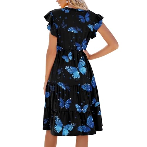 Image of Women's Casual Ruffle Sleeve Dress V Neck Pullover Dress Flowy A-Line Pleated Lightweight Dress with Pockets