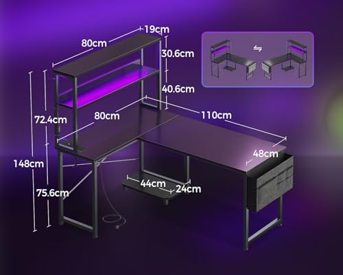Coleshome L Shaped Gaming Desk with LED Lights & Power Outlet, 110 × 80 cm Reversible Computer Desk with Shelves, Corner Desks with Storage Bag & Hook for Home Office, Black - Image 4