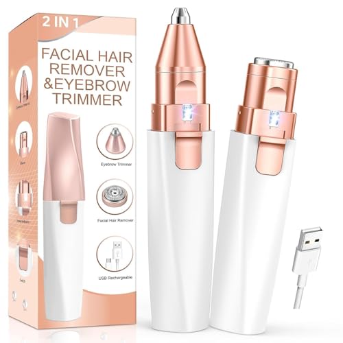 KSVILLA Rechargeable 2-in-1 Eyebrow Trimmer and Facial Hair Remover for Women – Professional Painless Electric Razor with Replaceable Heads, Built-in LED Indicator Light, Portable Face Shaver for Eyebrows, Upper Lip, Chin, and Peach Fuzz – USB Charging Personal Grooming Kit