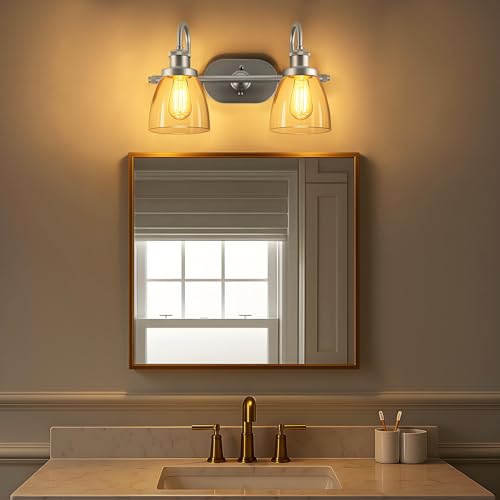 Image of Lightdot Brushed Nickel Bathroom Light Fixture, 17.5IN 2-Light Bathroom Vanity Light with Clear Glass Shades, 60W Max /120V Modern Wall Lights for Mirror Kitchen Living Room, E26 Base-Silver