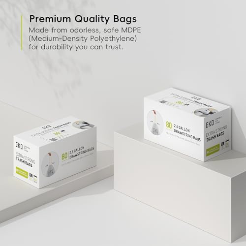 Image of EKO 2.6 Gallon / 7-10 Liter, 80 Count Small Drawstring Trash Bags, Extra-Strong Unscented Garbage Bags, Easy-Dispense Roll for Kitchen & Household Use, Resists Tears, Leaks and Punctures, Code B White