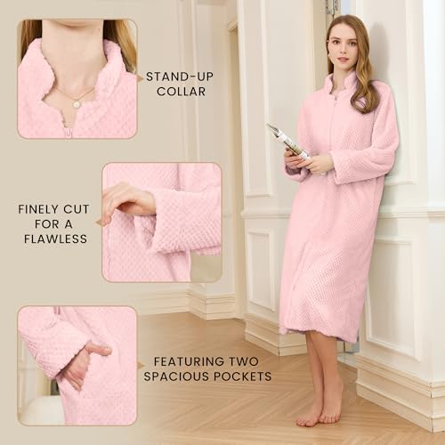HEARTNICE Womens Flannel Zipper Robe, Soft Warm Robes for Women Cozy Long Sleeve Loungewear Luxurious Nightgown with Pockets3