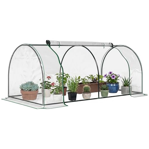 Outsunny Mini Greenhouse, Small Polytunnel Green House with Zipped Doors, Steel Frame for Garden Patio, 200 x 100 x 80cm, Clear