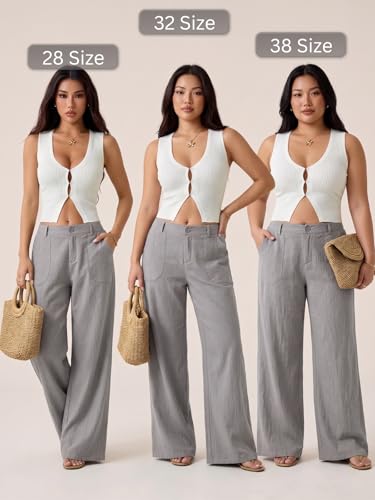 Image of GRECIILOOKS Beige Wide Leg Linen Trousers for Women | High Waist Cotton Baggy Korean Style Casual Pants | Comfortable Formal & Casual Women Trousers