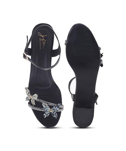 Image of JM LOOKS Butterfly Heels Heeled Sandals Rhinestone Crystal Butterflies Heels Open Round Toe low Block Heels 2 Inch Women's Ankle Strap Shoes