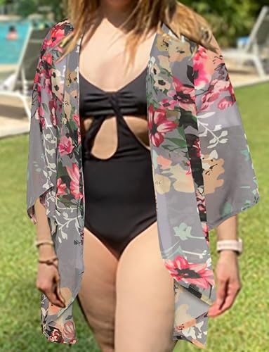 women39s floral print puff sleeve kimono cardigan loose cover up casual blouse tops