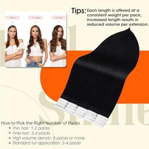 Full Shine Tape in Hair Extensions Real Human Hair 16Inch Remy Seamless Invisible Tape in Extensions Jet Black Color 1 Straight Human Hair Extension for Women 50G 20Pcs Add Volume Double Sided Natural