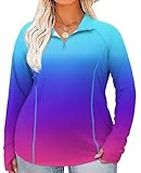 LOMON Women's Plus Size Long Sleeve Shirts Sun Protection 1/4 Zip Summer Quick Dry Hiking Shirts（Blue Gradient,4XL）