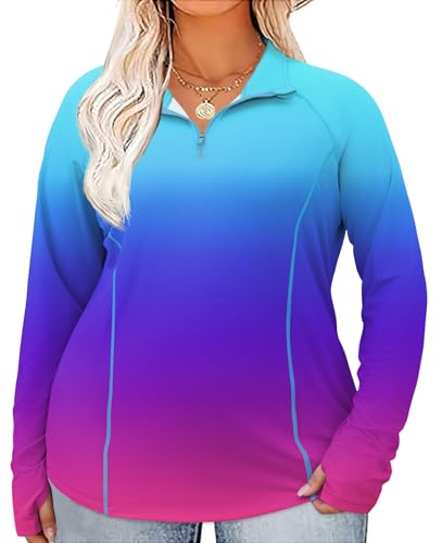 LOMON Women's Plus Size Long Sleeve Shirts Sun Protection 1/4 Zip Summer Quick Dry Hiking Shirts（Blue Gradient,4XL）