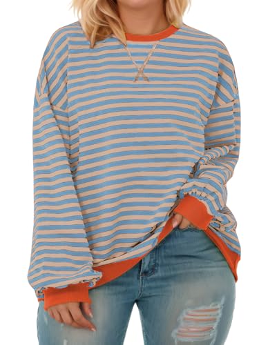Image of ROSRISS Womens-Plus-Size-Oversized-Sweatshirts Striped Colorblock Long Sleeve Shirts Casual Crewneck Pullover Sweaters XL-5XL