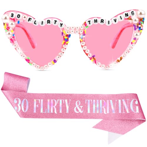 Vovii 30 Flirty Thriving Glasses and Pink Sash Set For Women 30th Birthday Accessories Decorations Decor, Happy Birthday Sunglasses For 30th Bday Party Supplies Outfit