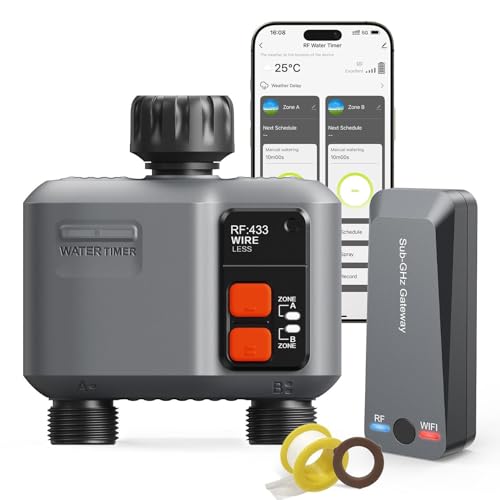 WiFi Sprinkler Timer 2 Zone with 984 Feet RF Gateway, 2 Outlet Smart Water Timer for Garden Hose with Rain Delay/Manual/Automatic,WiFi Water Hose Timers for Garden & Lawns