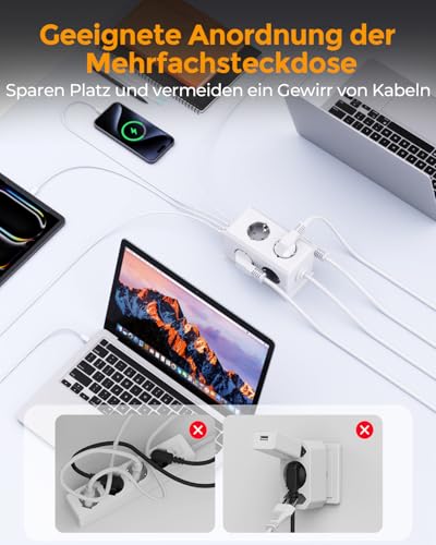 Mehrfachsteckdose mit USB, 6 Fach Steckdosenleiste, Steckerleiste mit Schalter, 3680W Verteilersteckdose Wandmontage,Überspannungsschutz Mehrfachstecker Steckdosenturm für Büro,1.8M Kabel,Grau 4