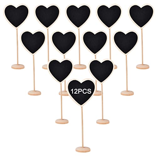 WUUDWALK 12 pizarras con forma de corazón, color negro, con soporte para letreros de tablones de mensajes, madera pequeña pizarra, letreros de boda, número/lugar tarjeta de ajuste decoración Cover