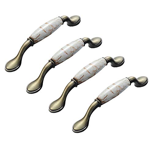 ANSIEDIO 4 Pieces European-Style Vintage Ceramic Aluminum Alloy Drawer Cabinet Cupboard Wardrobe Door Handles - Bronze/Marble - 96mm