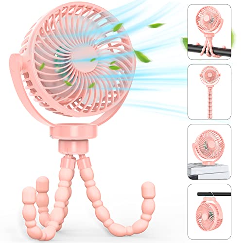 Image of GetBreeze Portable Rechargeable Battery Fan with LED Lights, Stroller Fan with Tripod Clip for Baby, Portable Rechargeable Personal Fan for Stroller, Car Seat, Treadmill, Camping (Pink)