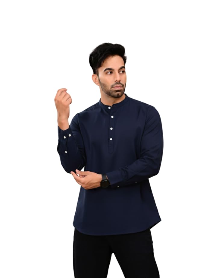 crystal sky Men Cotton Short Kurta Shirt Airy Linen Half Kurta for Men Regular Fit Chinese Collar Full Sleeves Casual Wear Kurta Style Shirt-picture-28