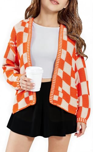 SELINK Girls Mixed Checkered Cardigan Sweater Kids Vintage Chunky Sweater Cardigan Casual Open Front Plaid Outerwear Orange White XL