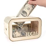 Piggy Bank for Kids – Wooden Piggy Bank for Boys & Girls, Unbreakable Kids Piggy Bank for Real Money, Personalized Money Bank with DIY Stickers, Savings Jar for Toddlers, Birthday Gift