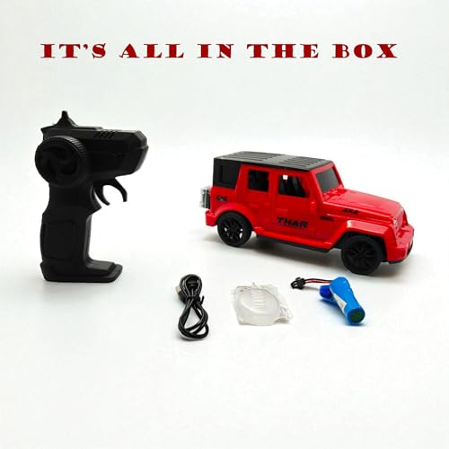Image of The Flyers Bay 1:16 Scale Remote Control Thar Jeep 4x4 with Lights, Music, and Openable Doors | Built-in Arjan Valley Song | Rechargeable Off-Road SUV Car Toy for Kids (Thar Red)