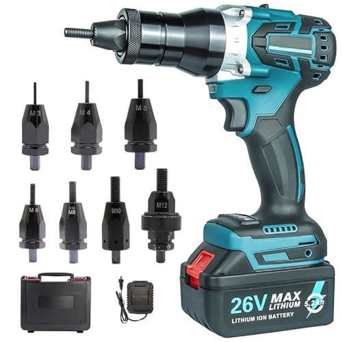Juego de herramientas inalámbricas de tuerca de remache – Pistola de remache eléctrica portátil con batería de 26 V y cargador, incluye funda de transporte, compatible con tuercas de remache M3 a M12