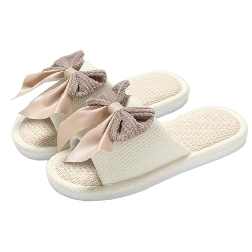 Bowknot Linen Slippers for Women, All-Season Non-Slip Indoor House Shoes, Stylish and Durable - Main Image