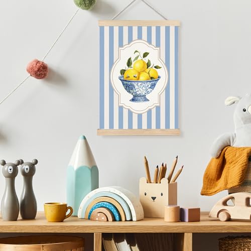 Image of PQKIY Blue and White Chinoiserie Porcelain Lemon Wall Art Poster Hanger Frame 12x16 in, Grandmillennial Summer Lemon Fruit Blue Striped Wall Decor Canvas Prints for Home Kitchen Bedroom Living Room