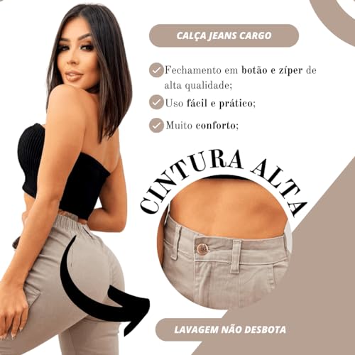 Calça Jeans Feminina Cargo Jogger Cintura Alta Com Bolso Moda Casual Premium (38, Bege)