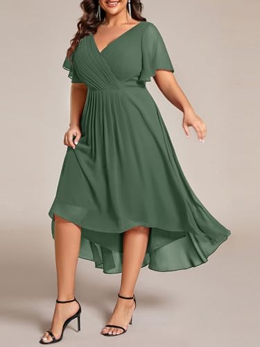 Image of Ever-Pretty Plus Summer Short Sleeves V-Neck Formal Wedding Guest Dresses for Curvy Women Chiffon Midi Cocktail Party Dress
