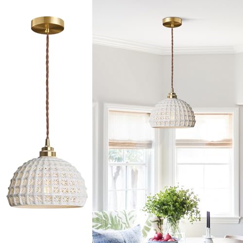 Image of White Ceramic Pendant Light Elegance Nordic Hanging Lamp Brass Finish Modern Ceiling Light Minimalist Style Ceiling Hanging Lamp for Kitchen Island Bedroom Bedside
