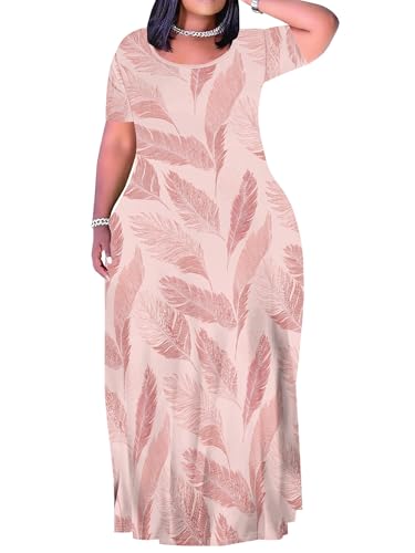 Image of PinkPatty Plus Size Dress for Women Casual Crew Neck Short Sleeve Maxi Dress Oversized Summer Beach Dresses with Pockets