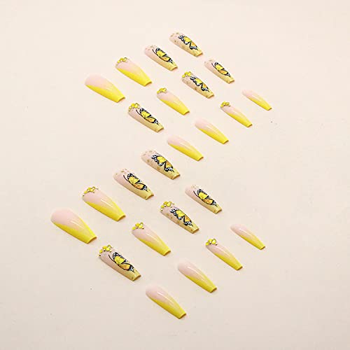 French Tip Press On Nails Long Coffin Fake Nails With Rhinestones Designs Yellow Butterfly Glue On Nails Glossy Press On False Nails Spring Holiday Nail Art Decorations For Women And Girls #TOP2