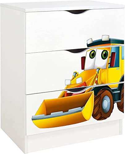 leomark cassettiera in legno 60 x 42 x 78 cm, comò con cassetti Roma, armadietto per camera da letto casa, scuola materna, asilo nido, stile scandinavo, mobiletto con stampa UV Escavatore