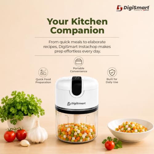 Image of DIGISMART USB Rechargeable Mini Electric Chopper 250ml, Portable Unbreakable Vegetable Cutter With Stainless Steel Blades, One Touch Cordless Garlic, Onion, Ginger, Chopper For Kitchen, White