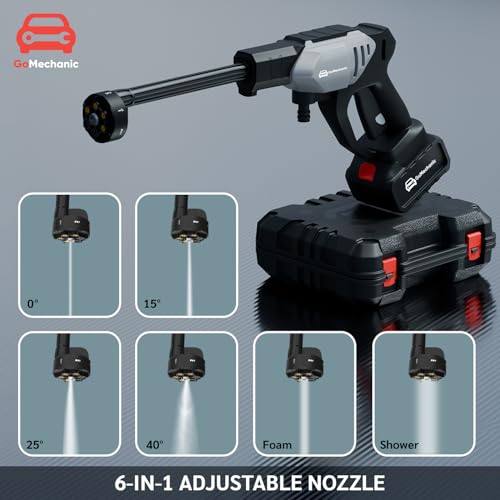 Image of GoMechanic Cordless Pressure Washer | 2X Power Wireless High Pressure Car Washer | 80 Bar Pressure, Rechargeable 48V Battery| Premium Build |6-in-1 Nozzle & 5M Hose Pipe |No Tap Needed| with Cloth