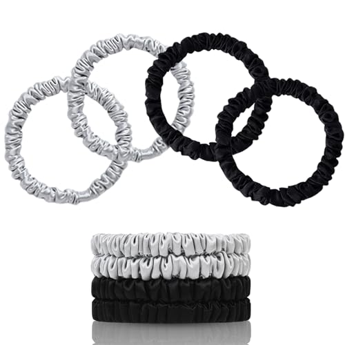 SEMRUE 100% Mulberry Silk Scrunchies, 4 Count (Black, Silver Gray) - 22 Momme Pure Mulberry Silk, Elastic Hair Ties, Protects Hair from Damage, Suitable for Various Hairstyles, Fashion Item Choice