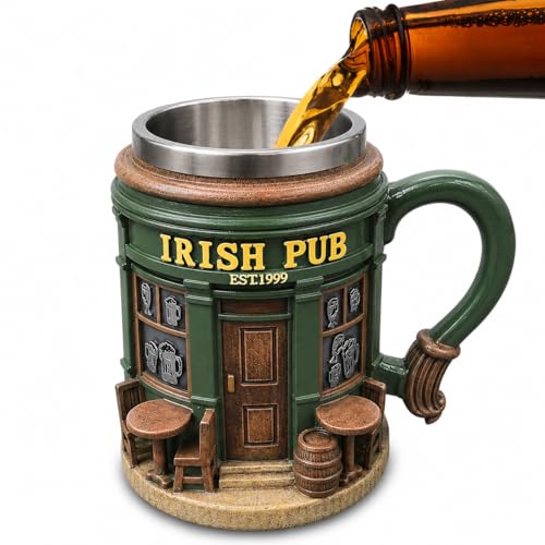 Image of Nodrex 3D Irish Pub Mug, Vintage Medieval Embossed Resin Coffee Mug with Stainless Steel Lining, 300ml Tavern Style Drinking Cup, Beer Tankard Father’s Day Gift for Dad, Husband, Grandpa, Men